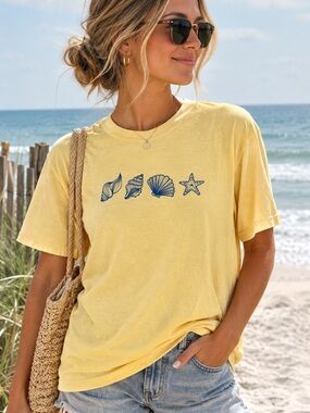 Comfort Colors Pale Yellow Short-Sleeve Tee with Navy Shell Motif